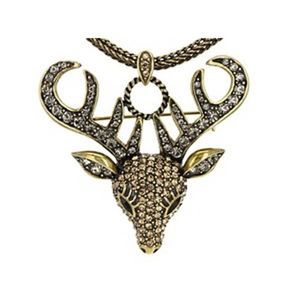 Golden Crystal Stag Head Pin Pendant Chain 23"